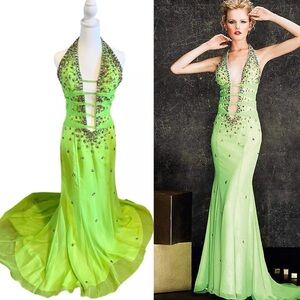 Vintage Y2K La Femme lime green long formal maxi halter dress gown w/ cutouts 8